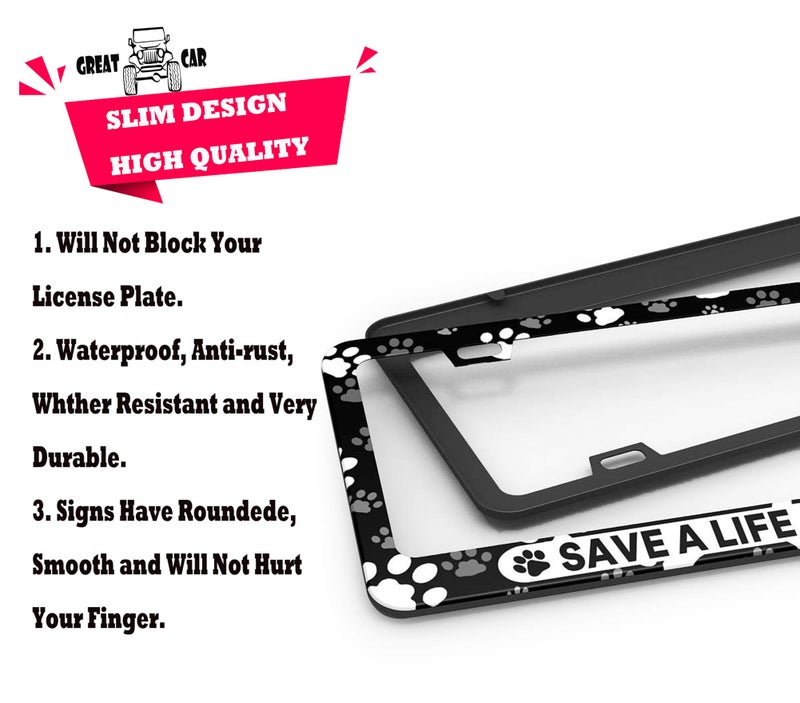 DZGlobal Save A Life Adopt Pet Cat Dog License Plate Frames Paw Prints Design License Plate Covers Aluminum Novelty Car Tag Frame 2 Holes and Screws for Adults - Image 3